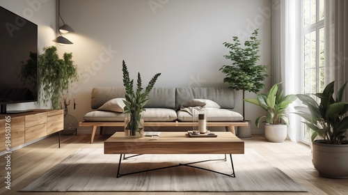 Nowoczesne wnętrze salonu z sofą i drewnianym stolikiem, Generative AI