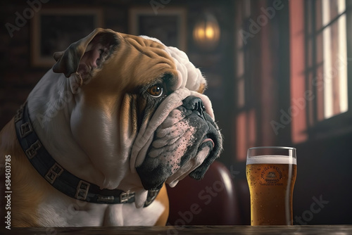 An English bulldog sitting at a table in an English pub with a glass of beer.  Generative AI © Inge