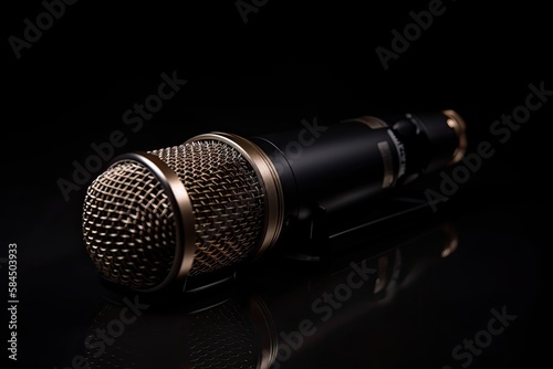 Studio audio microphone, with black background. High quality generative AI