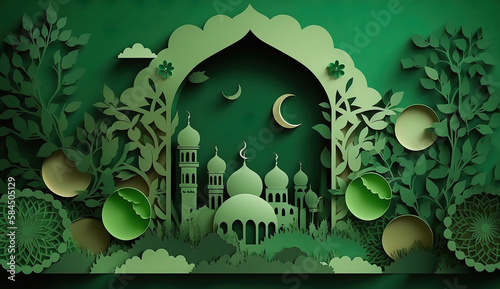 eid al fitr illustration from papercut art created with generative AI technology