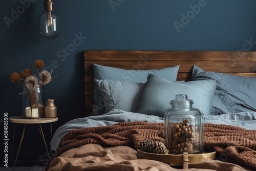 Fotografija Warm and cozy bedroom interior with big bed, brown bedding, pillows, livid blue wall, wooden night stand, tray, mug, jug, plaid, vase with dried flowers and personal accessories