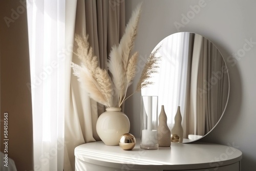 Fototapet Empty modern, minimal and luxury cream dressing table top, vase of pampas, round mirror, curtain in white wall bedroom with sunlight and leaf shadow for beauty, cosmetic product