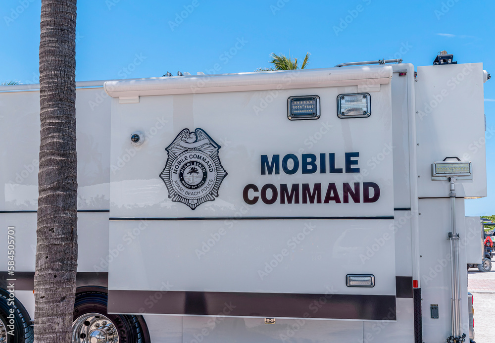 MIAMI, FLORIDA - CIRCA JULY, 2022: Side of a police mobile command ...