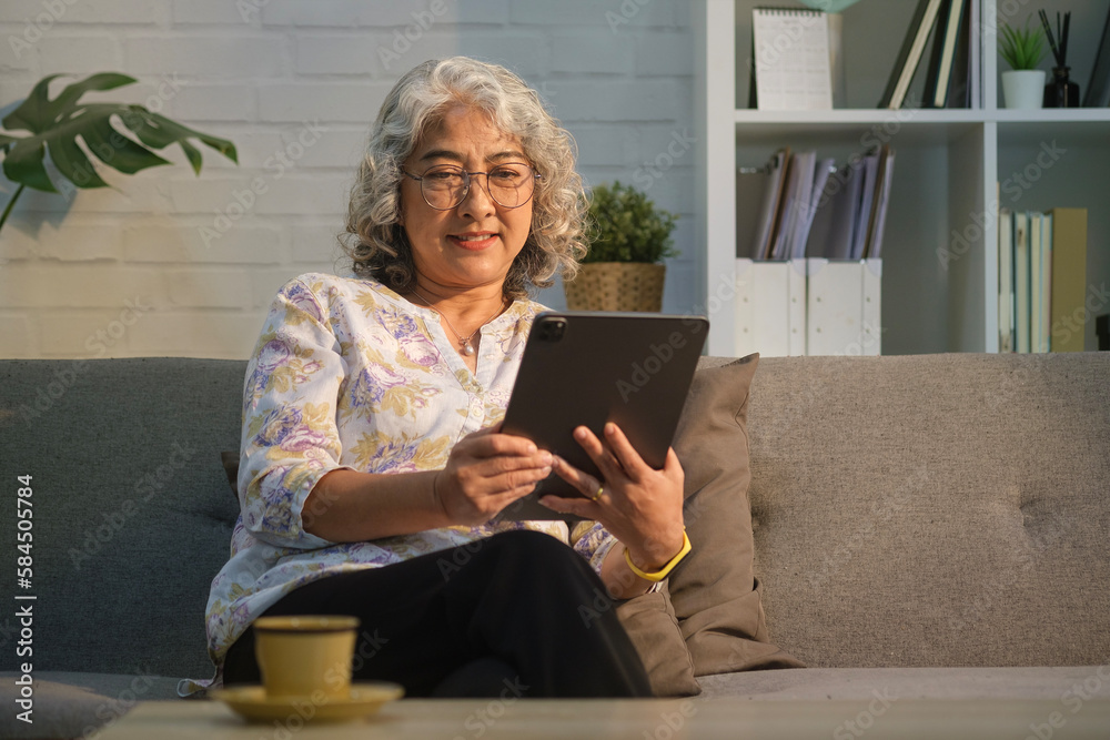 Pleasant modern senior woman relaxing on sofa at cozy home and using digital tablet. Elderly technology concept. Pleasant modern senior woman relaxing on sofa at cozy home and using digital tablet. Elderly technology concept.