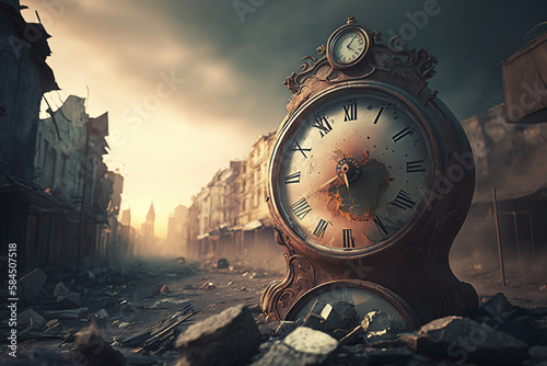 Antique clock in a destroyed city at the end of time. Generative AI.