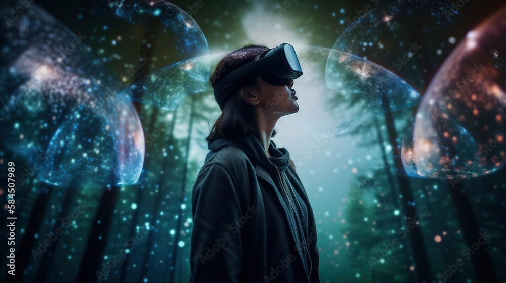 Immersed in a Virtual Reality World Girl Wearing VR Headset and Exploring Artificial Environments, network link connection, hands in the air, generative ai Immersed in a Virtual Reality World Girl Wearing VR Headset and Exploring Artificial Environments, network link connection, hands in the air, generative ai