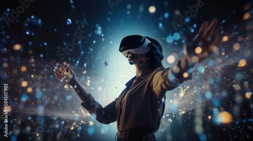 Immersed in a Virtual Reality World Girl Wearing VR Headset and Exploring Artificial Environments, network link connection, hands in the air, generative ai © Anna Elizabeth
