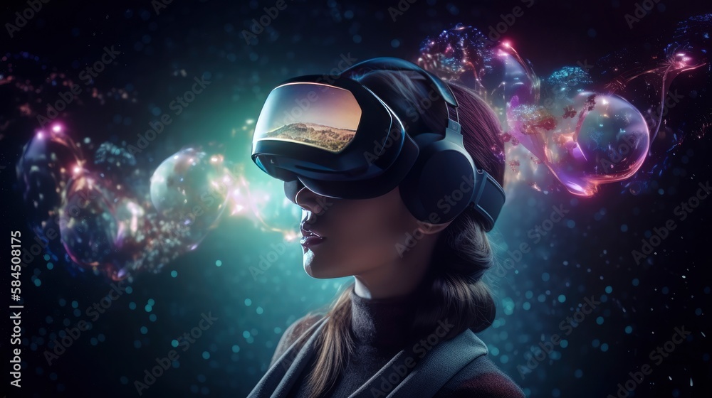 Immersed in a Virtual Reality World Girl Wearing VR Headset and Exploring Artificial Environments, network link connection, hands in the air, generative ai