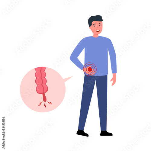 Inflammation of appendicitis in a young man in flat design on white background.