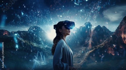 Immersed in a Virtual Reality World Girl Wearing VR Headset and Exploring Artificial Environments, network link connection, hands in the air, generative ai © Anna Elizabeth