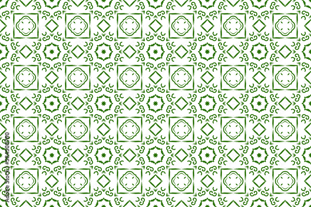 Seamless geometric pattern for wrapping, fabric and ornament. Vector illustration in green color with star , petals, and floral ornament.