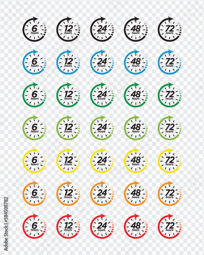 6, 12, 24, 48 and 72 hours clock arrow. delivery and service time. vector icon 7 style