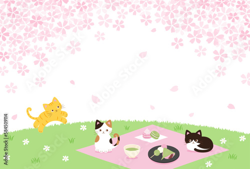 spring vector background with cats having a Cherry blossom viewing party on a green field for banners, cards, flyers, social media wallpapers, etc.