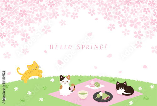 spring vector background with cats having a Cherry blossom viewing party on a green field for banners, cards, flyers, social media wallpapers, etc.