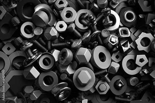 Grey nuts and bolts background, generative ai