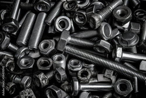 Stainless steel nuts and bolts background, generative ai