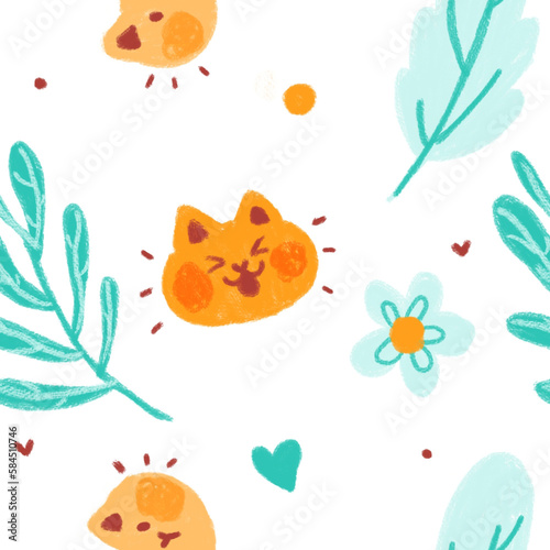 Fototapeta Naklejka Na Ścianę i Meble -  Caramel Kitties Floral Seamless Pattern