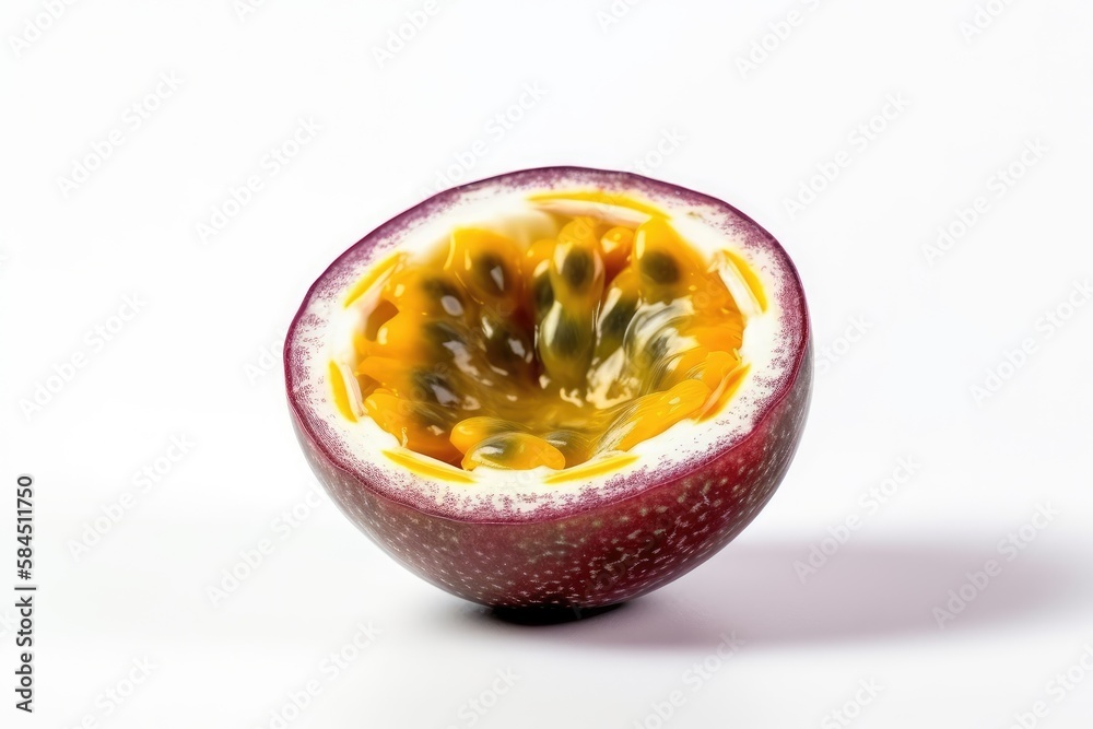 Closeup of Passionfruit on a white background. Created by Generative AI technology. Closeup of Passionfruit on a white background. Created by Generative AI technology.