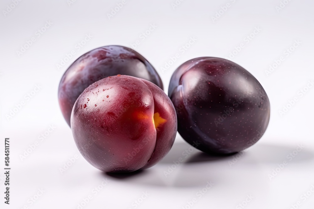 Closeup of Plums on a white background. Created by Generative AI technology.