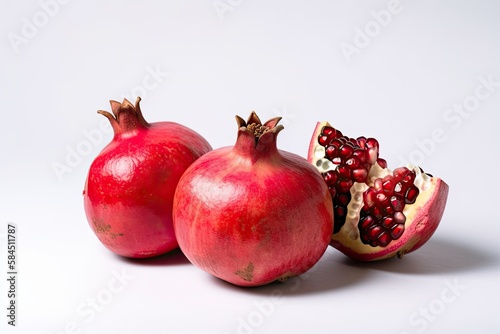 Closeup of Pomegranates on a white background. Created by Generative AI technology.