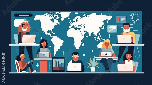 Virtual online conference, zoom. Remote team work on computer, distance business. Laptop on table with people on screen. Freelance workers, web communication. Vector cartoon flat tidy concept