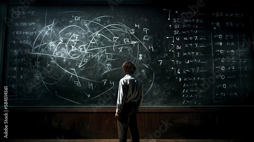 A person standing in front of a chalkboard. digital art illustration. generative AI. photo