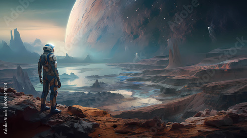 An astronaut standing on new alien planet. digital art illustration. generative AI.