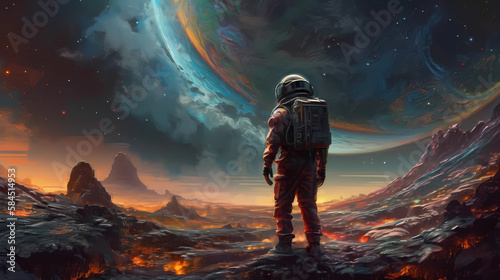 An astronaut standing in a new planet. digital art illustration. generative AI.