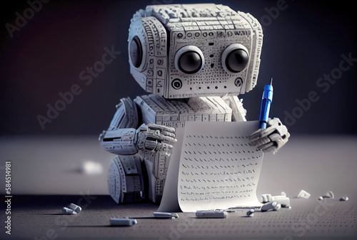 Cute robot writing the headlines on paper. Journalist Artificial intelligence and self learning concept. Digital art illustration. Generative AI photo