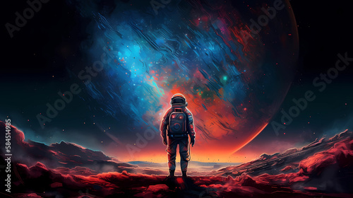 astronaut standing on a desolate planet. digital art illustration. generative AI.