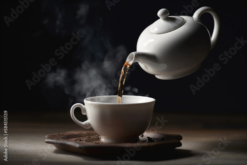 teapot pouring steaming hot tea. digital art illustration. generative AI.