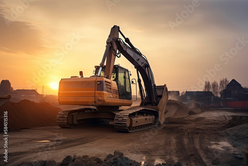 Excavator in construction site on sunset sky