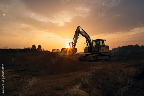 Excavator in construction site on sunset sky