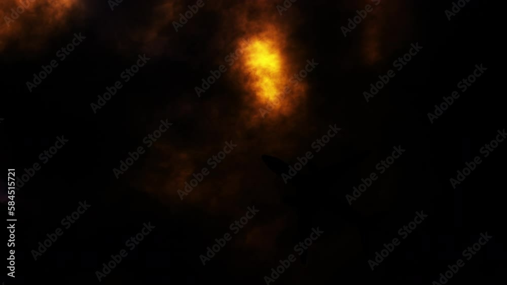 Jumbo Jet Plane Silhouette with Orange Slow Motion Lightning Behind Dark Storm Clouds 4K