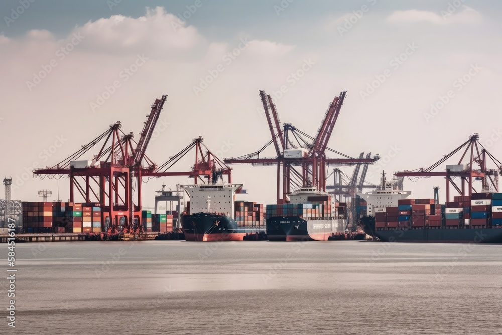 A shipping yard with cranes and cargo ships. Generative AI