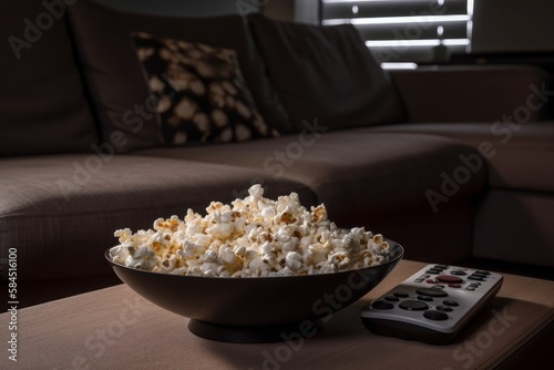 Popcorn near a remote. Generative AI
