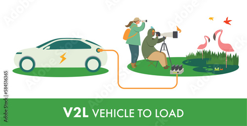 A vector illustration of a couple photographing birds in nature using V2L technology where an electric car acts as a mobile battery