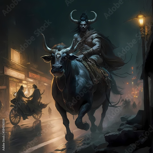 lord shiva or ancient warrior riding a huge bull during the night in the street