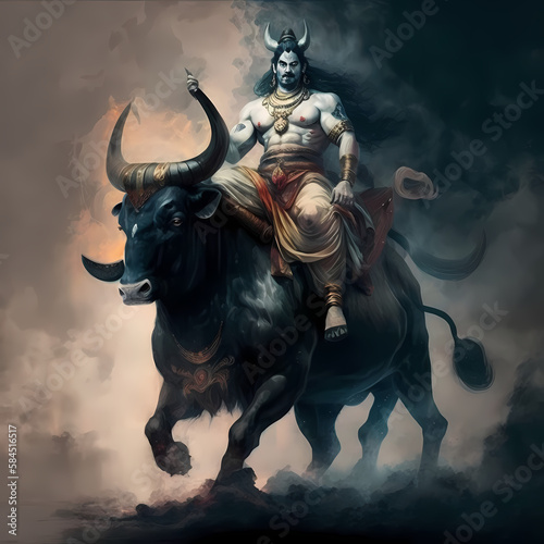 lord shiva or ancient warrior riding a bull