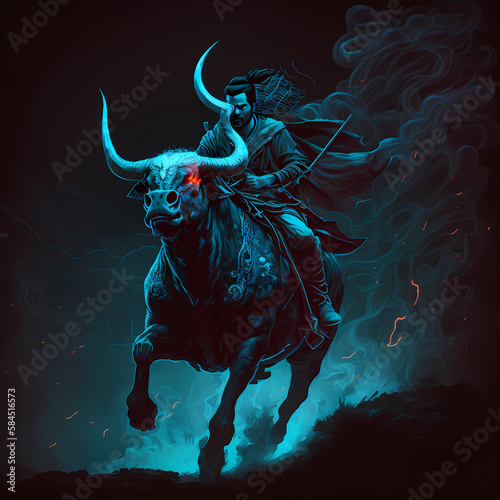 lord shiva or ancient warrior riding a bull