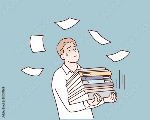 Bureaucracy and overworking concept. Angry office worker with pile of papers and documents is stressed by lot of work and deadlines. Hand drawn style vector design illustrations.