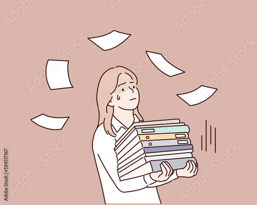 Bureaucracy and overworking concept. Angry office worker with pile of papers and documents is stressed by lot of work and deadlines. Hand drawn style vector design illustrations.