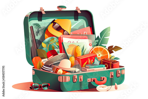 Opened travel suitcase full of things for summer vacation. Vector illustration isolated on white background