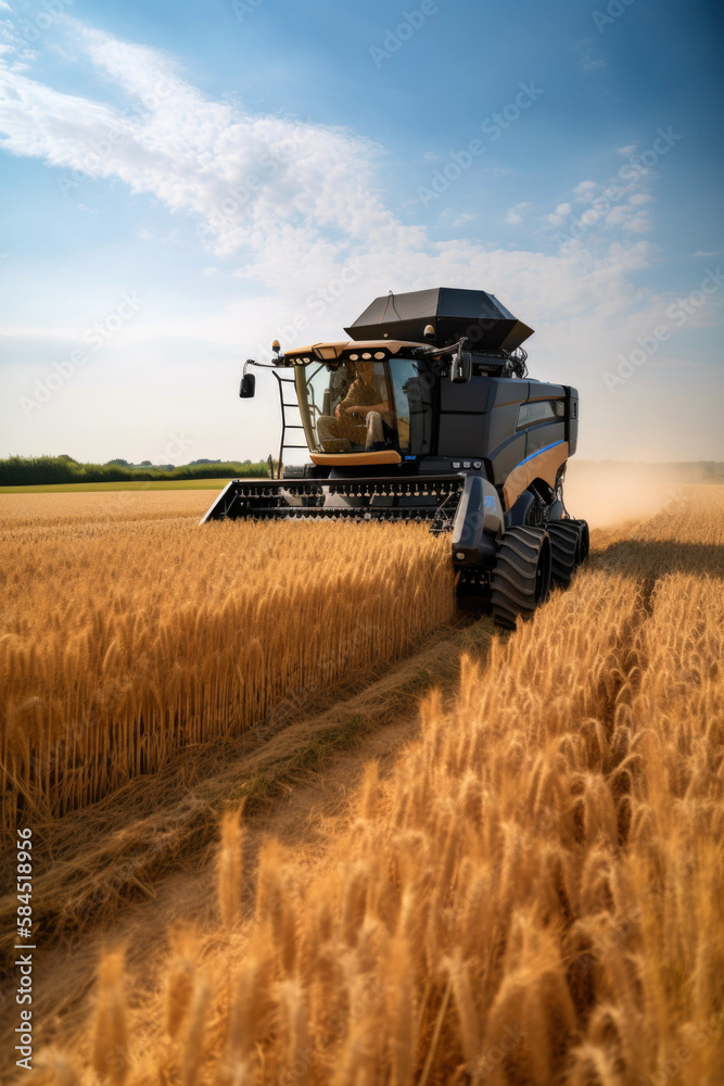 Fototapeta premium Modern harvester working on a wheat field. Harvesting the wheat. Generative AI
