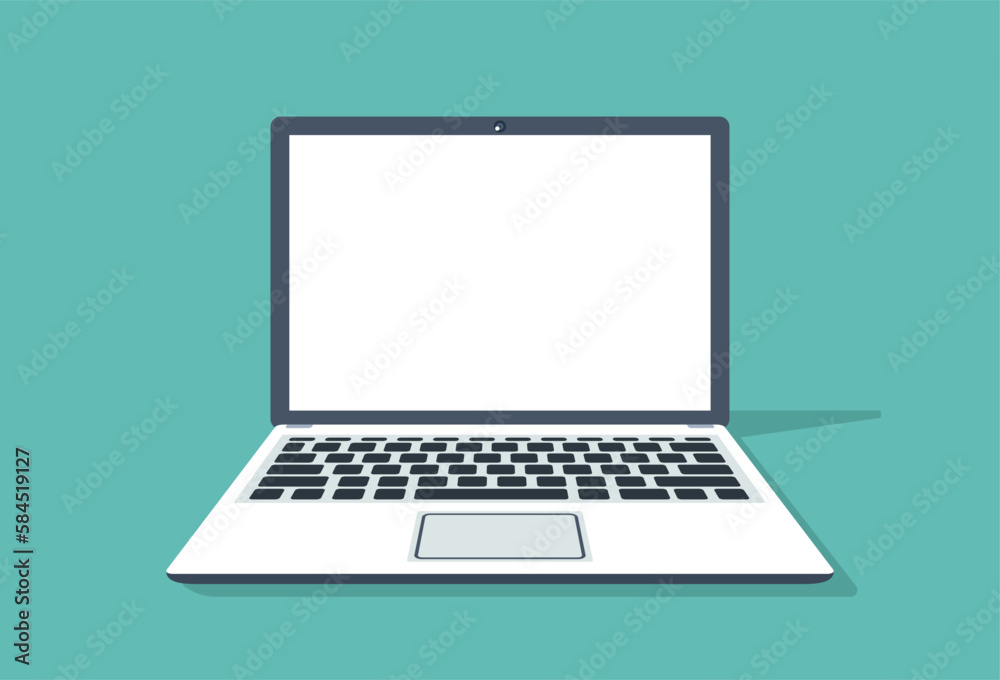 Front view computer laptop and white empty screen for copy space on blue background. Vector illustration cartoon flat design object. Front view computer laptop and white empty screen for copy space on blue background. Vector illustration cartoon flat design object.
