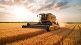 Modern harvester working on a wheat field. Harvesting the wheat. Generative AI