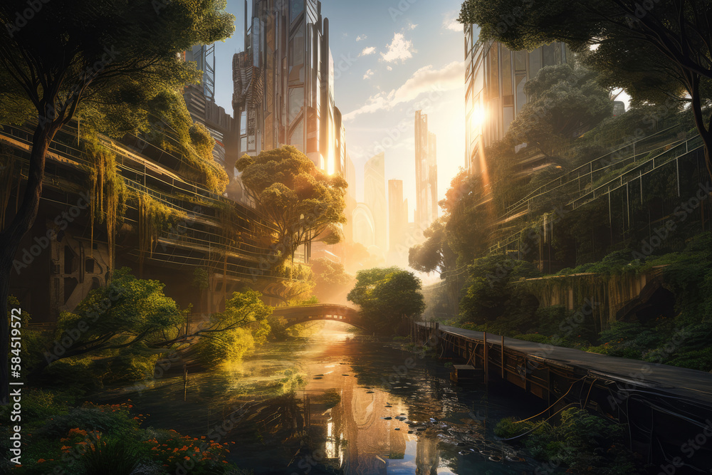 Futuristic cityscape merging with the natural world