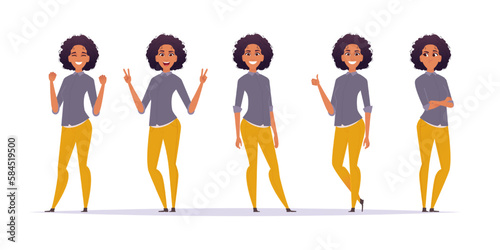 Charming African American girl or woman in different poses, stands, cool gesture with her hand, rejoices, thoughtful. Modern cartoon flat style