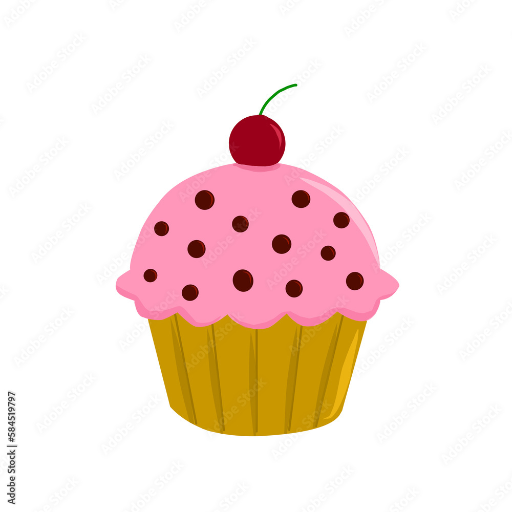 Muffin illustration topped with cocochips and cherries Muffin illustration topped with cocochips and cherries