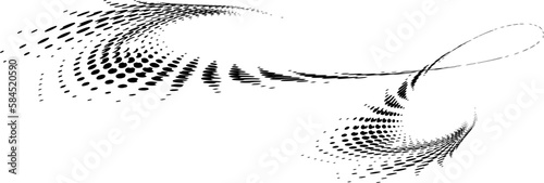 A halftone dotted squiggle written in a sweeping handwriting with radially diverging polka dot rays. Vector.
